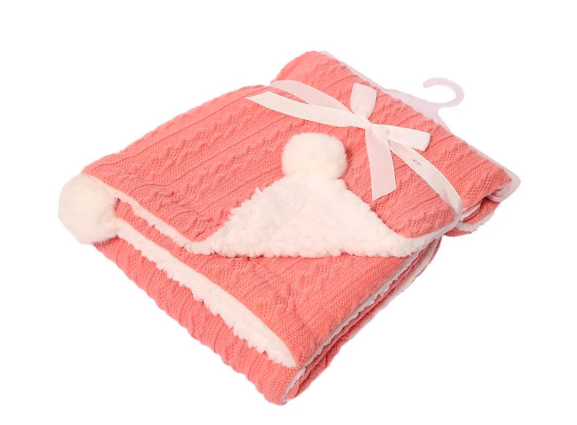 Personalised cable knit baby blanket with Pom Poms