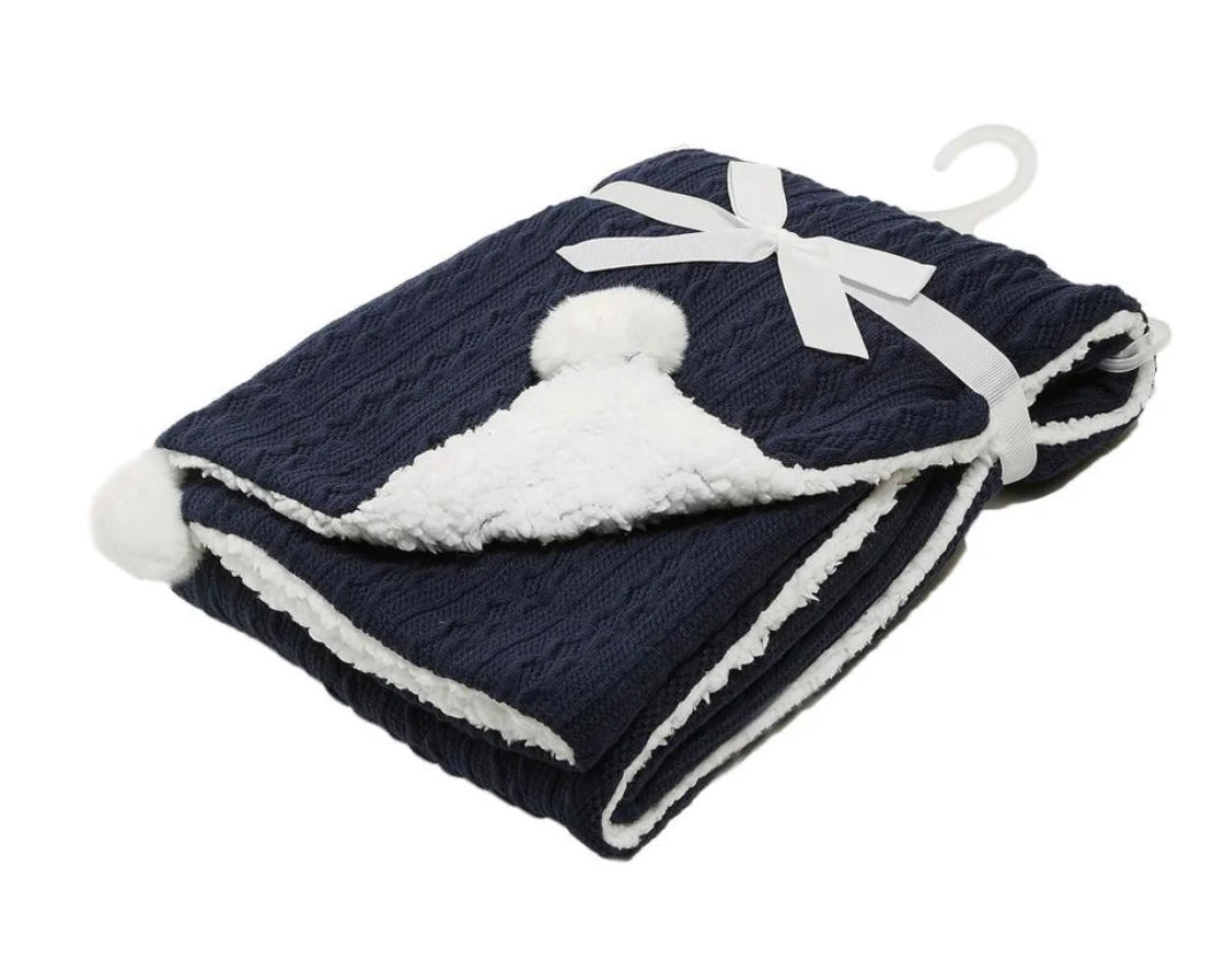 Personalised cable knit baby blanket with Pom Poms