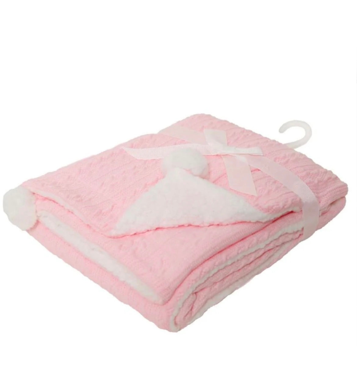 Personalised cable knit baby blanket with Pom Poms