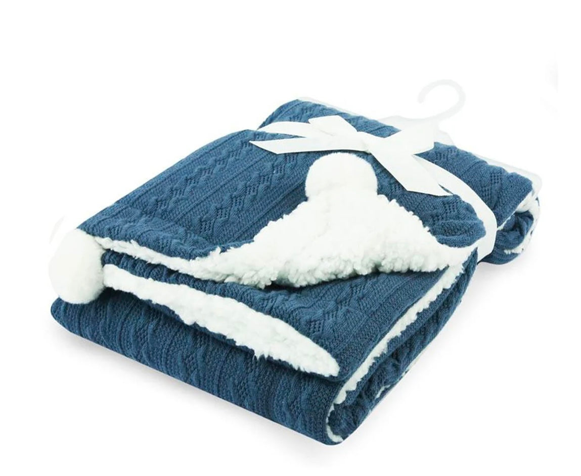 Personalised cable knit baby blanket with Pom Poms