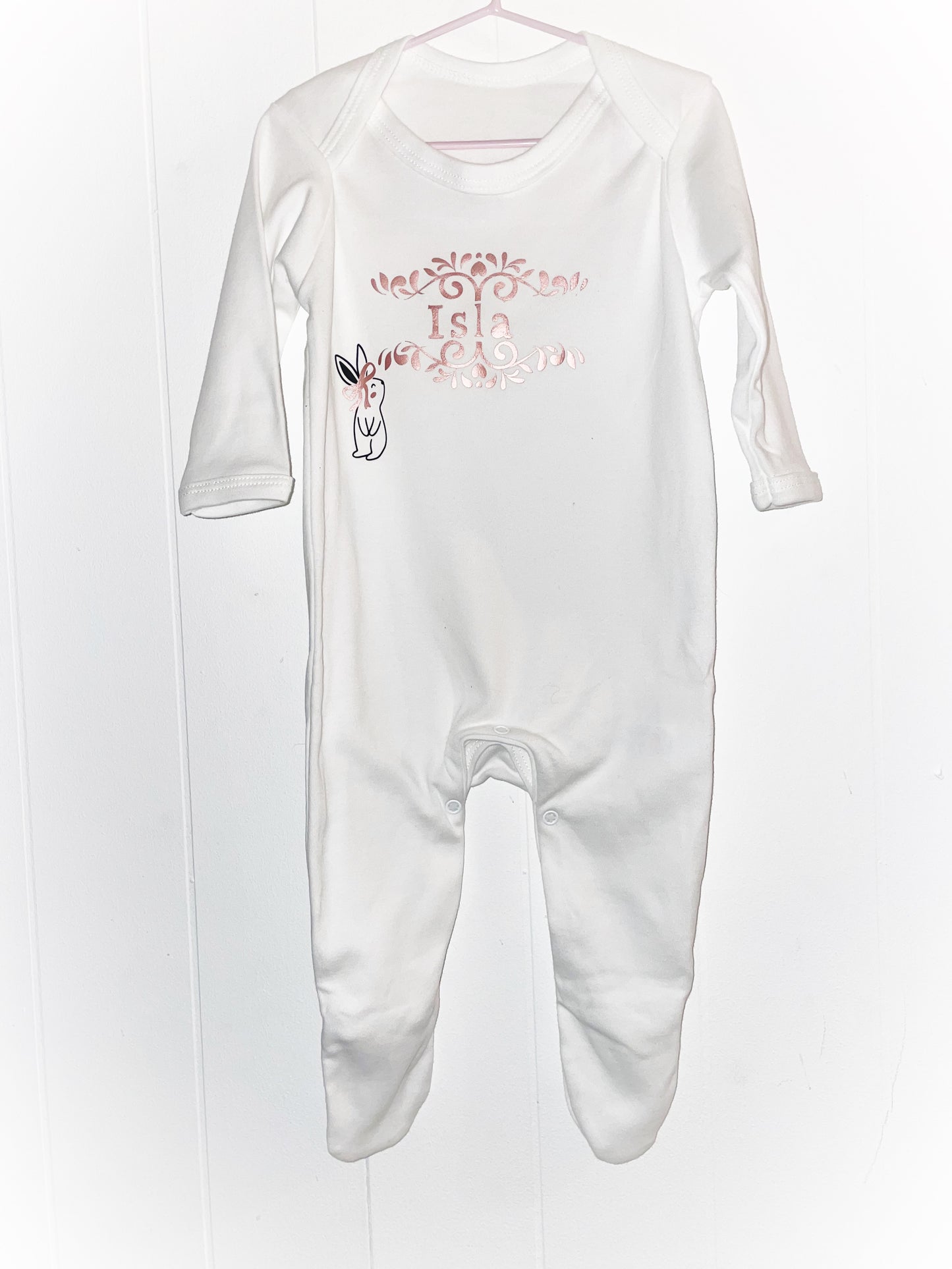 Rose gold personalised bunny babygrow