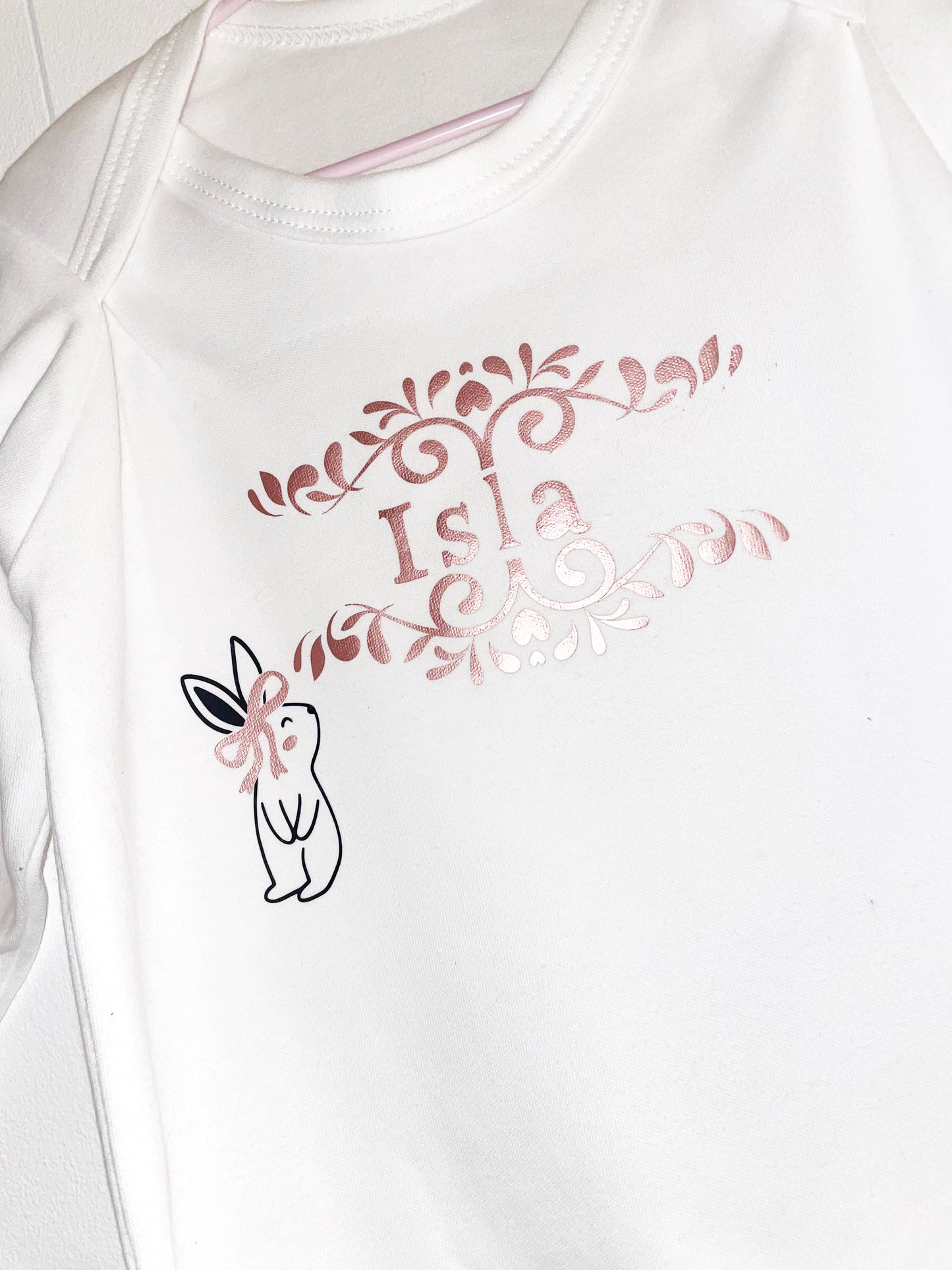 Rose gold personalised bunny babygrow