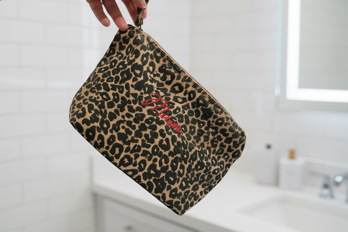 Personalised washed leopardprint effect cosmetic bag